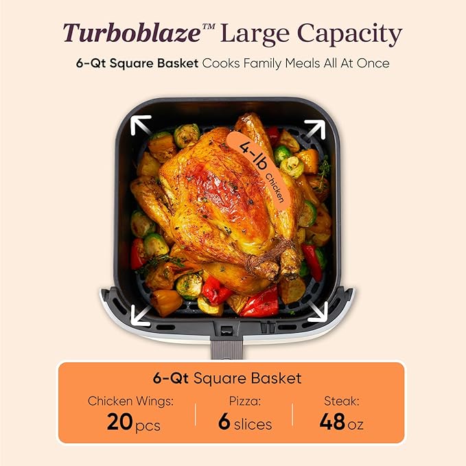 Cosori 9-in-1 TurboBlaze Air Fryer 6 Qt, Smart Control, 90°–450°F, Shake Reminders, Precise Heating for Even Results, Air Fry, Roast, Bake, Broil, Dry, Frozen, Proof, Reheat, Keep Warm, 120V, Cream