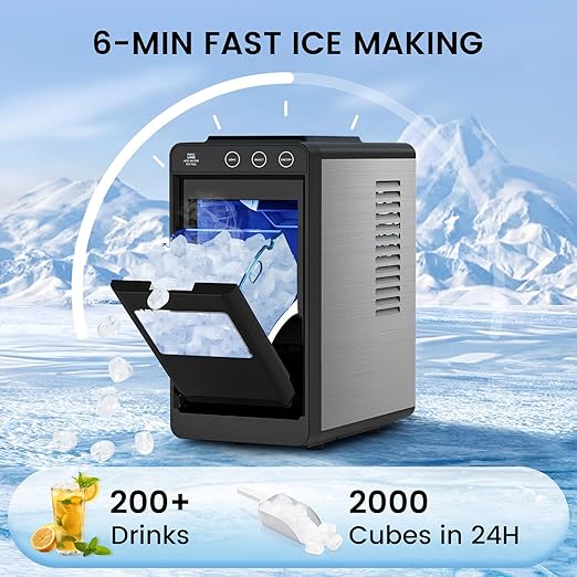 COWSAR Ice Maker Countertop, Portable Ice Machine with Self-Cleaning, 26Lbs/24Hrs, 8 Bullet Ice in 6 Mins with 2 Sizes, Scoop & Basket, Quiet Compact Ice Makers Countertop for Home/Kitchen/Camping