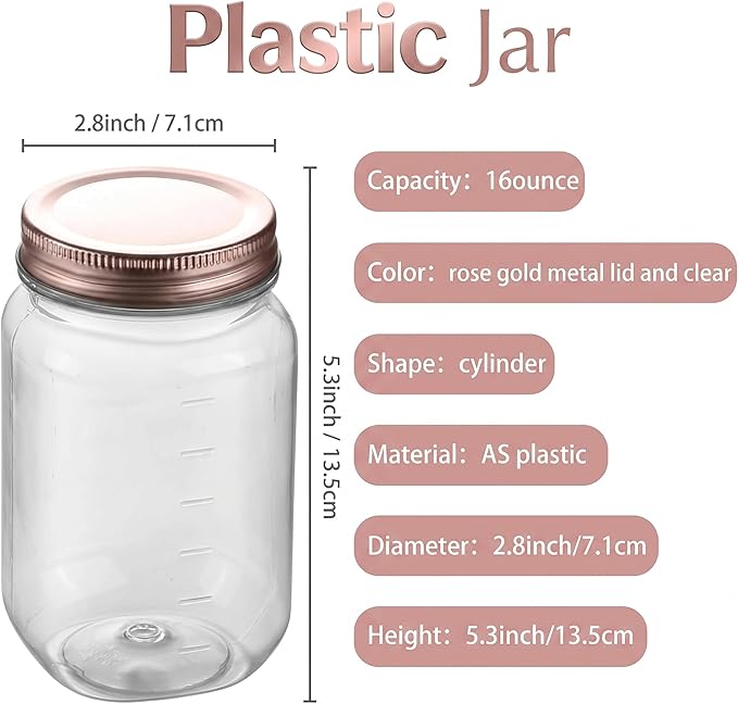 novelinks 16 oz Clear Plastic Jars with Lids, Refillable 16oz Mason Jars with Lids & Storage Containers for Kitchen & Household Use (15 Pack,Rose Gold)
