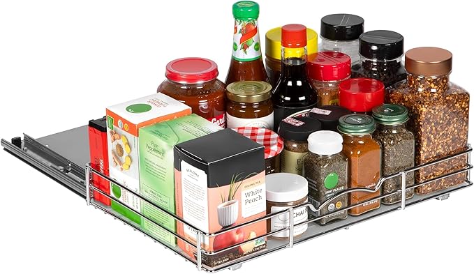 Pull-Out Cabinet Spice Rack Organizer - Slim Slide-Out Storage for Spices, Bottles & Jars, Premium Heavy-Duty Steel, Easy Install for Narrow Kitchen Cabinet - 16 ⅜ W x 10 ½ D x 2 ¾ H, Chrome