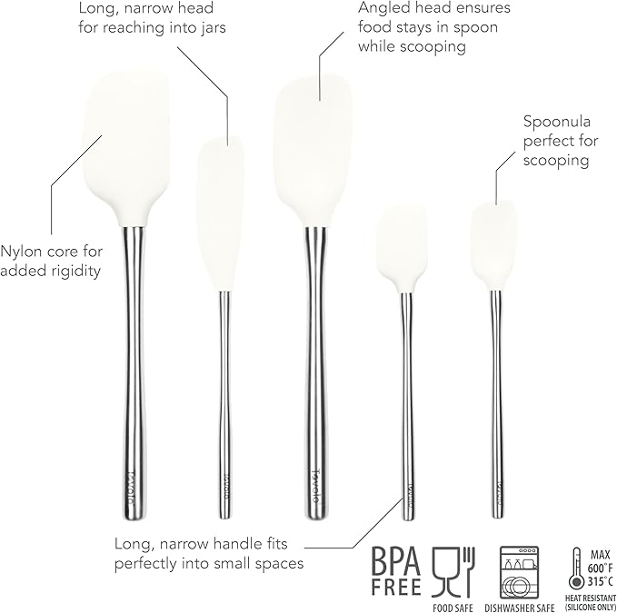 Tovolo Stainless Steel Handled Silicone Spatula Set of 5 White, Dishwasher Safe Kitchen Spatula Set for Cooking Baking, Non Toxic BPA Free Silicone Spatula set with Metal Steel Handle