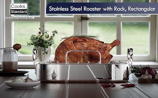 Cooks Standard Stainless Steel Roaster Pan with V-Shaped Rack, Inner 14-Inch x 11-Inch; Edge 15-Inch x 12-Inch; Turkey Roasting Pan Bakeware for Oven, Rectangular
