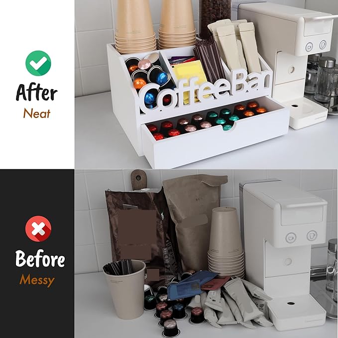 Coffee Bar Organizer for Countertop – Wooden Coffee Station with Drawer, Tea and K Cup Storage Condiment Rack, Coffee Pod Holder for Home and Office Organization (Drawer - White)