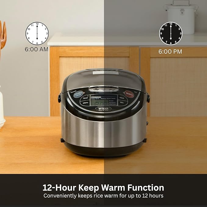 Tiger JAX-T18U-K 10-Cup (Uncooked) Micom Rice Cooker with Food Steamer & Slow Cooker, Stainless Steel Black