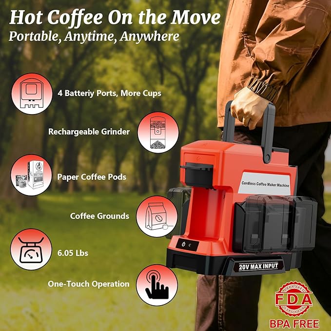 Cordless Coffee Maker for Milwaukee 18V Battery, 3 Brewing Options Drip Coffee Maker with Coffee Grinder, Portable Single Serve Coffee Makers for Camping, Travel, and Jobsite. (Tool Only)