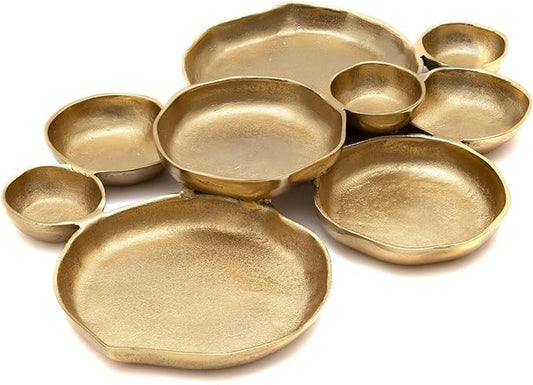 9 Cluster Decorative Bowls Bright Gold Brass Snack Tray Bowl Chip & Dip Serving Piece Strong Brass Centerpiece Beautiful Room Accent & Entertaining Parties Home Decor Wedding Gifts 22 Inch Decorative