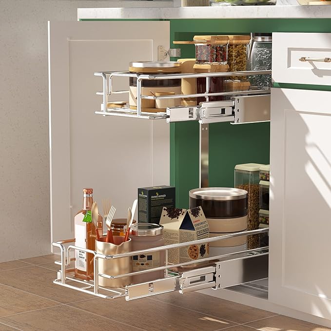 LOVMOR 2 Tier Individual Pull Out Cabinet Organizer 7½" W x 21½" D, Slide Out Kitchen Cabinet Storage Sliding Shelves