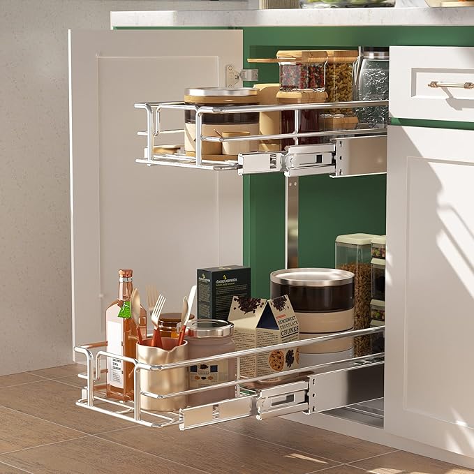 LOVMOR 2 Tier Individual Pull Out Cabinet Organizer 9" W x 21½" D, Slide Out Kitchen Cabinet Storage Sliding Shelves