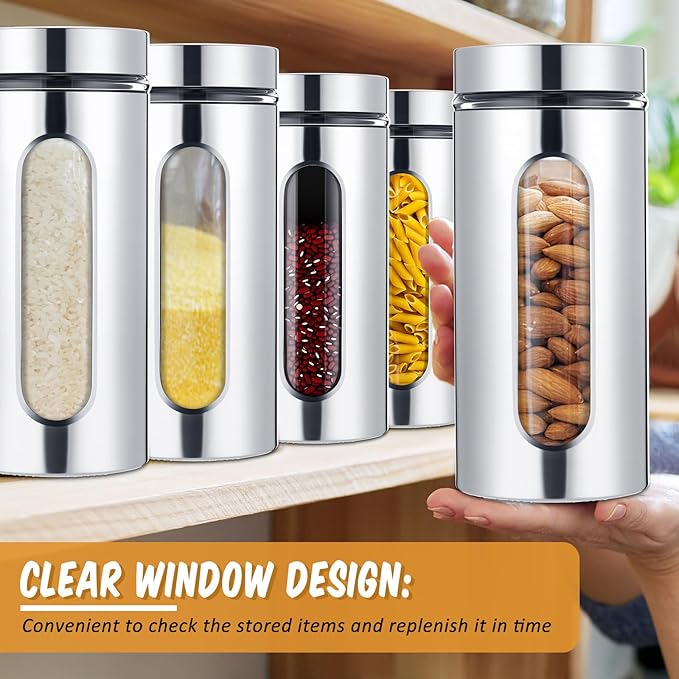 Mimorou 6 Pack Kitchen Canisters Set Airtight Coffee Sugar Tea Candy Storage Jars with Window Glass Stainless Steel Containers with Lids for Flour Cookies Spices Grains Kitchen Decorations(44 oz)