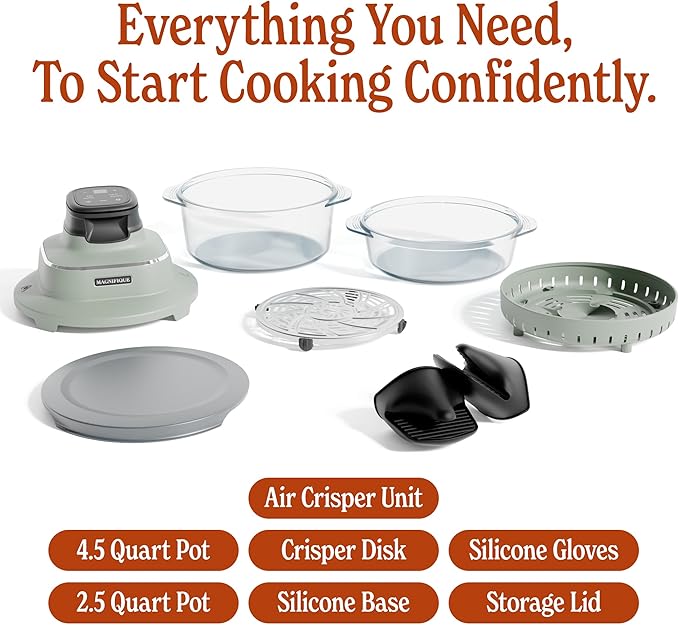 MAGNIFIQUE Glass Air Fryer, Non Toxic Air Fryer with 4.5QT & 2.5QT Glass Pots, Borosilicate, Stainless Steel, Air Fry, Bake, Re-Crisp & MaxCrisp, Olive