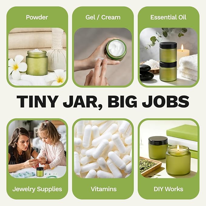 Bumobum 24 Pack 4 oz Small Glass Jars with Lids, Green Glass Cosmetic Jars with Inner Liners, 120ml Round Empty Sample Containers for Cream, Powders and Ointments Storage