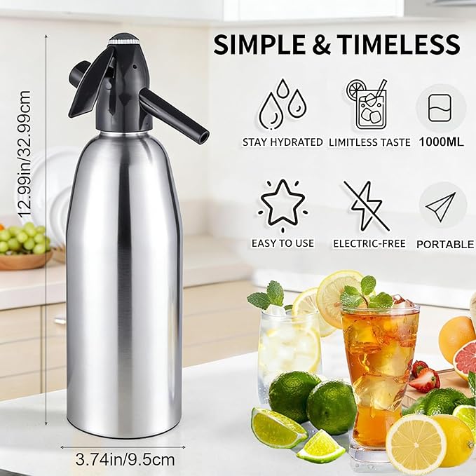 Soda Siphon,1L Soda Maker Sparkling Water Maker, Portable Soda Maker for Home & Outdoor,Aluminium Carbonated Water Machine for Cocktails DIY Sparkling Drinks,Use 8 gram CO2 Cartridges (Not Included)