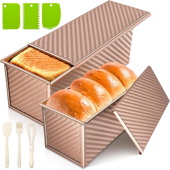 2Pack Bread Loaf Pan with Lids 1 LB Dough Capacity, Non-Stick Carbon Steel Pullman Loaf Pan for Homemade Sandwich and Sourdough Bread, Corrugated Toast Mold Gold