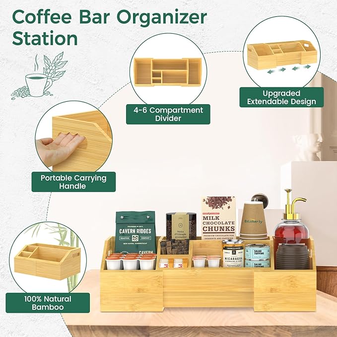 EsLuker.ly Coffee Station Organizer Countertop, Bamboo Extendable Coffee Bar Caddy Condiment Storage, Pods Holder for Home Office, Kitchen Area Nook for Accessories Organizer
