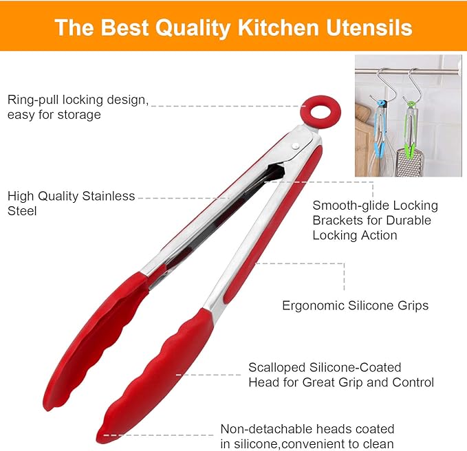 Kitchen Tongs with Silicone Tips - ForTomorrow Set of 5, 7 9 Inch Premium Silicone Tipped Tongs for Cooking Heat Resistant, Serving Food, BBQ