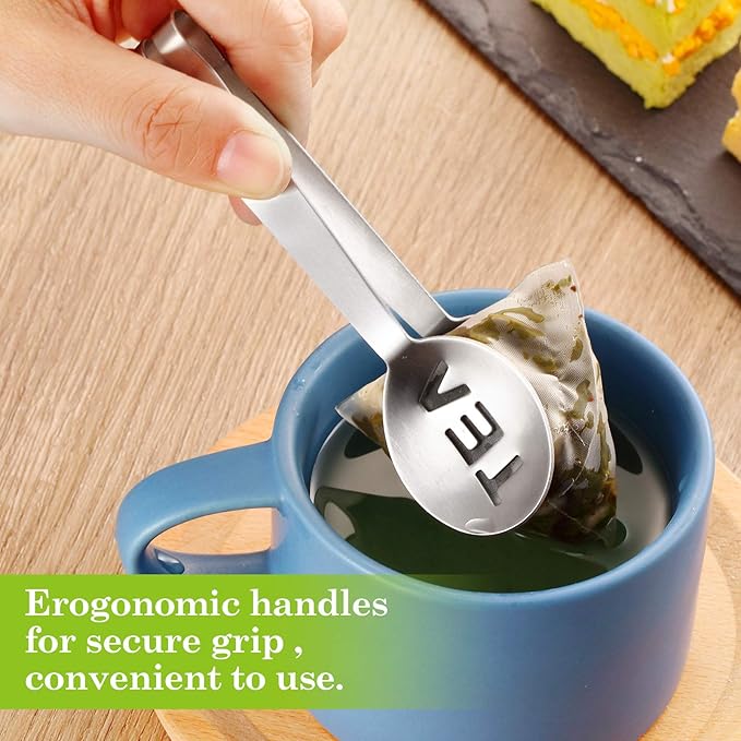 Tea Bag Squeezer Tongs Stainless Steel Spoon for Bags Silver Strainer Clip Tea Squeezer for Loosing Leaf, Gripping Ice Cube, Sugar(4 Pieces)