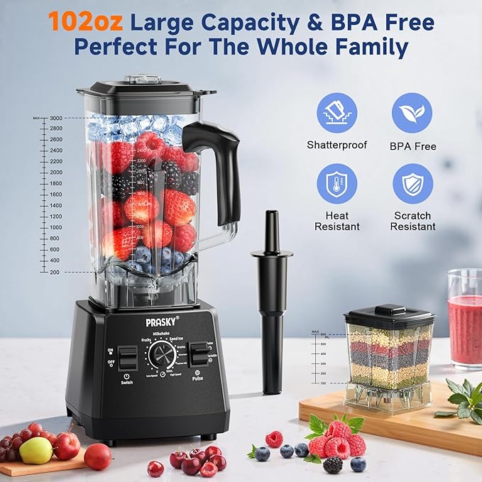 Blender Smoothies, 102oz Large Capacity Kitchen Blender, 1000Watts Motor, 2-in-1 Professional Countertop Blenders and Grinder Combo Frozen Fruit, Ice Crush, Nuts, BPA-Free - Black