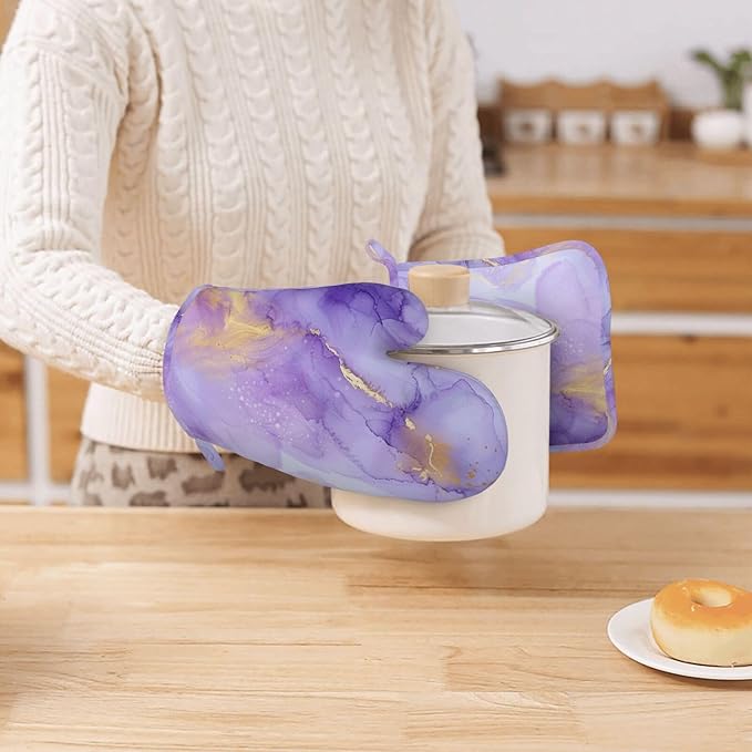 Oven Mitts and Pot Holders Pastel Purple Marble Silicone Kitchen Accessories Set of 4 Heat Resistant Long Gloves Potholder Non-Slip Grip for Chef Cooking Baking Grilling BBQ