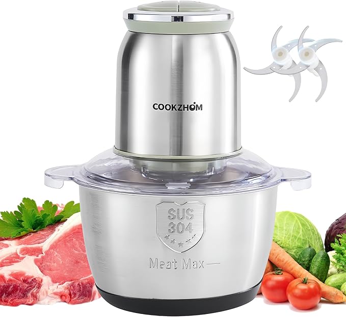 Silver Food Processor,500W Electric Meat Grinder with 8 Cup Stainless Steel Bowl and 4 Sharp Blades, Food Chopper & Vegetable Chopper for home use,Meat Processor, Vegetables, Fruits and Nuts