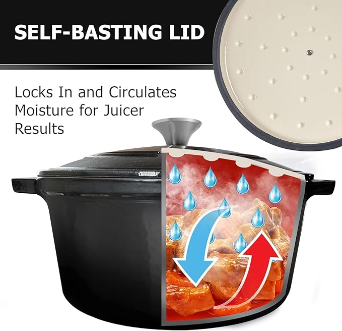 MUELLER HOME 7.5 QT Enameled Cast Iron Dutch Oven, Heavy-Duty, Oven-Safe up to 500° F & Across All Cooktops, Casserole Dish and Braiser Pan with Lid and Stainless Knob, Black