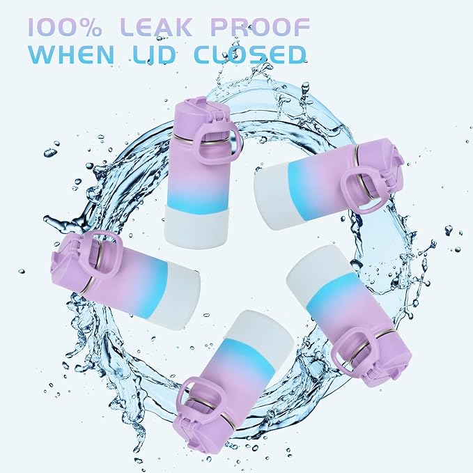 Volhoply 14oz KIds Water Bottle with Straw Lid and Silicone Boot Bulk 2 Pack,Stainless Steel Insulated Cups for Boys & Girls Multipack,Double Wall Vacuum Leakproof Bottles(Assorted,2)