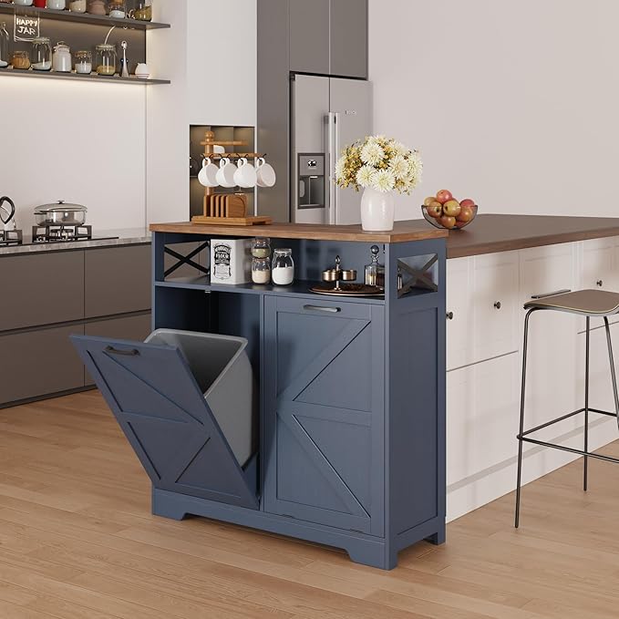 Double Tilt Out Trash Can Cabinet for 13 * 2 Gallon Trash Can, Farmhouse Kitchen Island Cabinet with Adjustable Shelf for Hidden Laundry Basket, Dog Proof Garbage Can for Dining Living Room, Blue