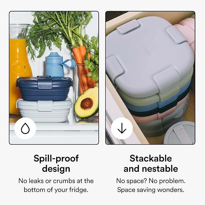 STOJO Collapsible Sandwich Box – 24oz, Reusable Food Storage Container, Silicone Bowl for Hot/Cold Food – Meal Prep, Lunch, Camping, Hiking – Dishwasher Safe (Set of 5, Cashmere)