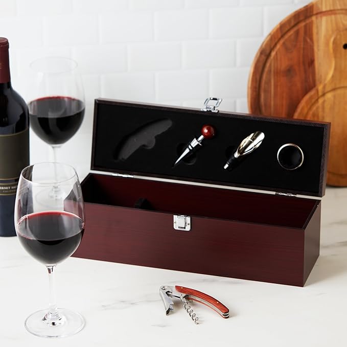 True Cherry 1-Bottle Wine Accessories Gift Set | Premium Corkscrew Opener Kit, Drip Ring, and Wine Pourer and Stopper in Wood Case with Padded Insert