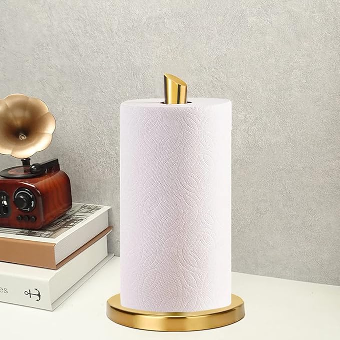 Paper Towel Holder countertop, Free-Standing Kitchen roll Holder for Kitchen Bathroom, Paper Towel Holder Stand Dispenser with Stainless Base Fits Standard (Gold)