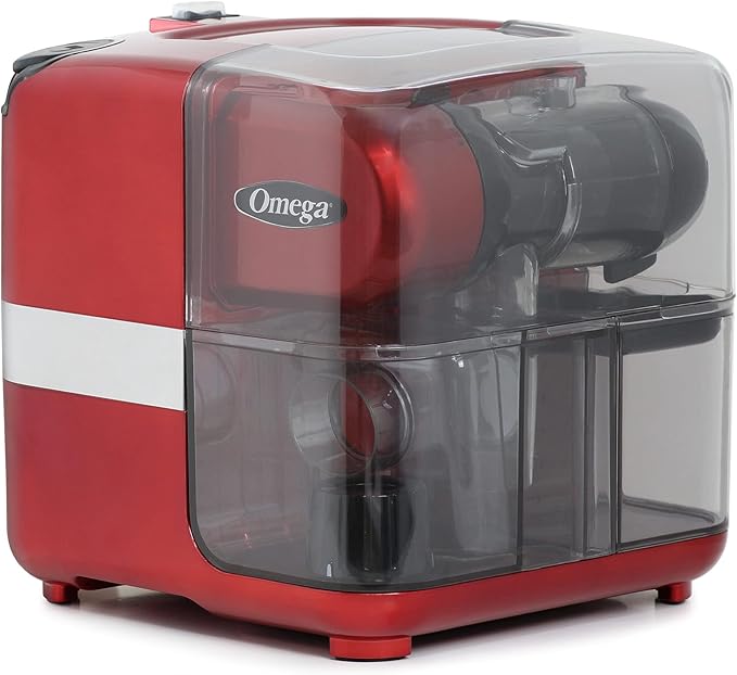 Omega Juicer Cold Press 365 Slow Masticating Vegetable and Fruit Juice Extractor and Nutrition System Makes Nut Milks Baby Food and Sorbets, 80-RPM Slow Juicer with On-Board Storage, 200-Watts, Red