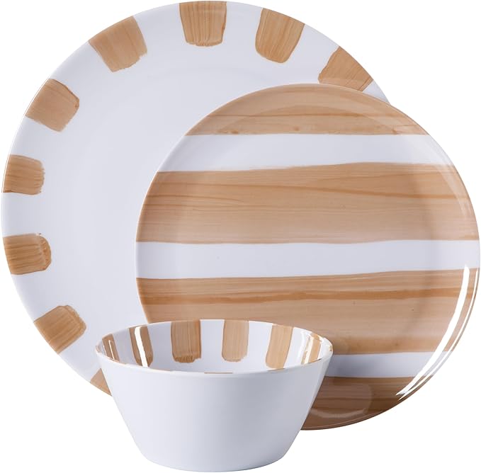Gibson Home Cottage Stripes 12-Piece Melamine Plates and Bowls Dinnerware Set - Outdoor, Camping, & Everyday Use - Assorted Colors