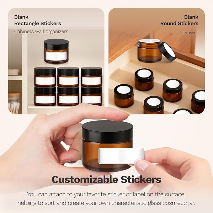 1 oz Glass Jars with Lids, Bumobum 48 pack Amber Cream Jars with Black Lids, Black and White Labels & Inner Liners, Empty Cosmetic Containers for Homemade Balms, Lotion, Salve, Ointment, Body Scrub