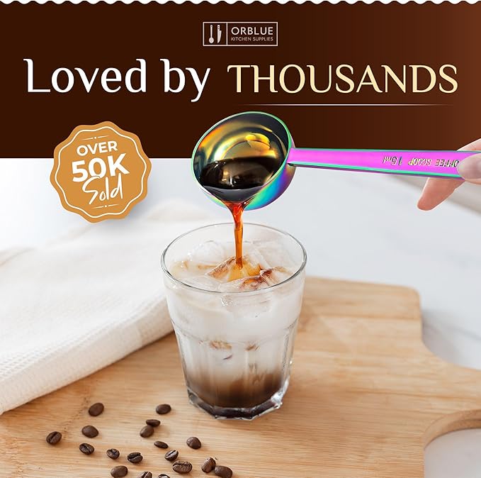 Orblue Premium Coffee Scoop Set - 1 Tbsp (15ml) & 2 Tbsp (30ml) Measuring Tablespoon - Stainless Steel Coffee Measuring Spoon and Scooper with Long Handles - Pack of 2, Multicolored