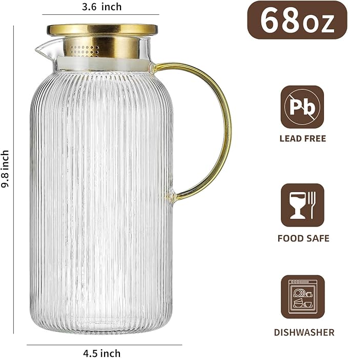 Buaic Glass Pitcher with Lid, 68 oz/2 Liter Classic Vertical Stripes Water Pitcher,Glass Water Carafe for Cold Brew, Coffee, Lemonade, Iced Sun Tea,Beverage,Milk, Heat Resistant