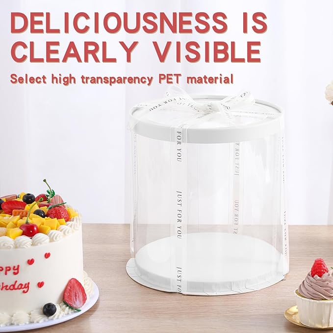 JCD Multi-Layer 6 Pack Clear Cake Box with Ribbon,Tall Cake Box Carrier, Tiered Transparent Cake Packaging Boxes 10 Inch, PET Round Cake Containers for Party (Clear lid, Round 10inch/6pcs)