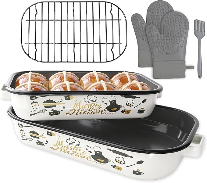Roasting Pan with Rack & Handle 6-Piece Enamel Lasagna Baking Dish 14&17 Inch, 572°F High Temperature Resistance Dishwasher Safe Non-Stick Easy-To-Clean Steak Roaster Pan for Oven Gift Bakeware