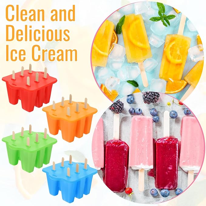Hoolerry 4 Set Silicone Ice Lolly Molds, Reusable Ice Cream Molds with 200 Wooden Sticks, Easy Release Pop Maker, Frozen Treat Mold for Homemade, Red, Blue, Green, Orange(6 Cavities)