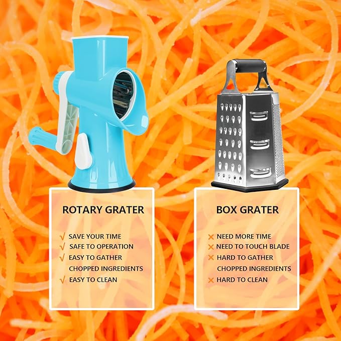Rotary Cheese Grater with Handle-Versatile Cheese Grater Non-Slip Suction Base,Cheese Shredder & Food Slicer for Cheese,Carrots, Cucumbers,Nuts-Compact & Easy Clean Kitchen Kitchen Tool (dark blue)