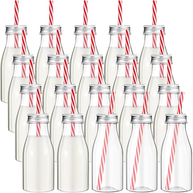 Yinkin 20 Set 10 oz Plastic Milk Bottles with Straws Metal Lids Clear Plastic Containers for Dairy Milk Party Bottle for Juices Shakes Smoothies(Red, White)
