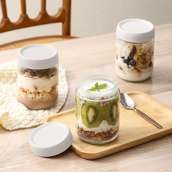 NETANY 6-pack 16oz Glass jars with Airtight Lids, Overnight Oats Containers with Lids, Wide mouth Mason Salad jars, Glass Food Storage Containers for Snacks Yogurt Spice Sugar-White