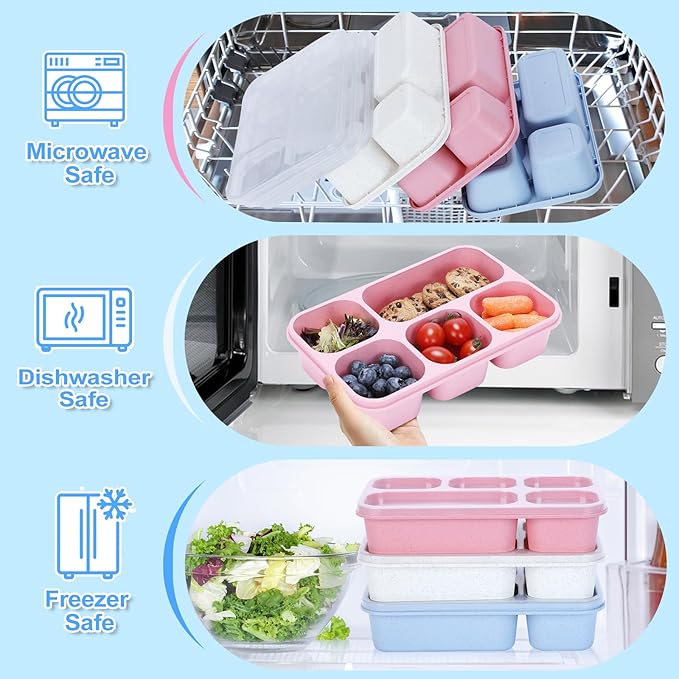 Rinwoc Bento Box Adult [Portion Size], 3 Pack Snack Containers with 5 Compartments for Meal Prep & On-the-Go [Work, Travel], Lunchable Container Reusable and BPA-Free