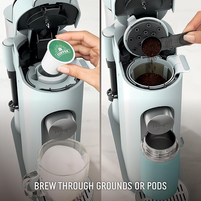 Ninja Pods & Grounds Specialty Single-Serve Coffee Maker, K-Cup Pod Compatible, Built-In Milk Frother, 6-oz. Cup to 24-oz. Travel Mug Sizes, Iced Coffee Maker, Glacier Blue, PB051GB