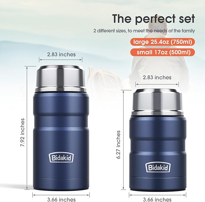 Insulated Food Jar Set – 25.4oz & 17oz Stainless Steel Containers with Folding Spoon and Carrying Bags – Leak-Proof, Keeps Food Hot or Cold for up to 12 Hours – Ideal for Work, School, Travel