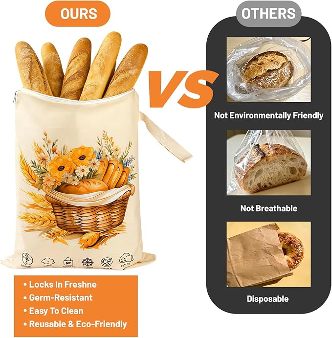 Reusable Bread Bags for Homemade Bread 2 Pack, L-shaped Zipper Beeswax Bread Bag for Easy Access, Exquisite Floral Print, Freezer Safe Breathable Cotton Beeswax Bread Bags for Sourdough