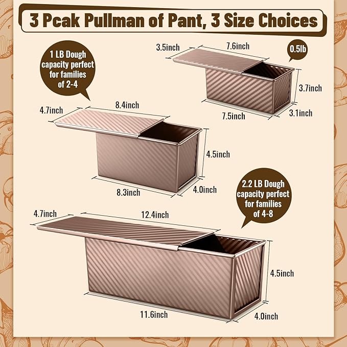 3 Pack Pullman Loaf Pans with Lids, 2.2LB 1LB 0.5LB Bread Pans, Non-stick Carbon Steel Bread Pans for Homemade Sandwich and Baking Sourdough Bread, Corrugated Toast Mold, Golden