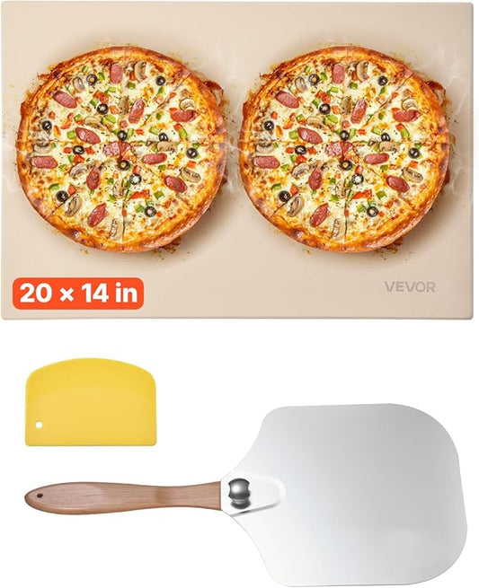 VEVOR Pizza Stone, 20 x 14 x 0.6 in Rectangular Cordierite Pizza Stone, 1450℉ Heat-Resistant Cook Stone, Extra Large Baking-Stone with Metal Peel, Scraper, for Kitchen Bake Oven, BBQ Grill