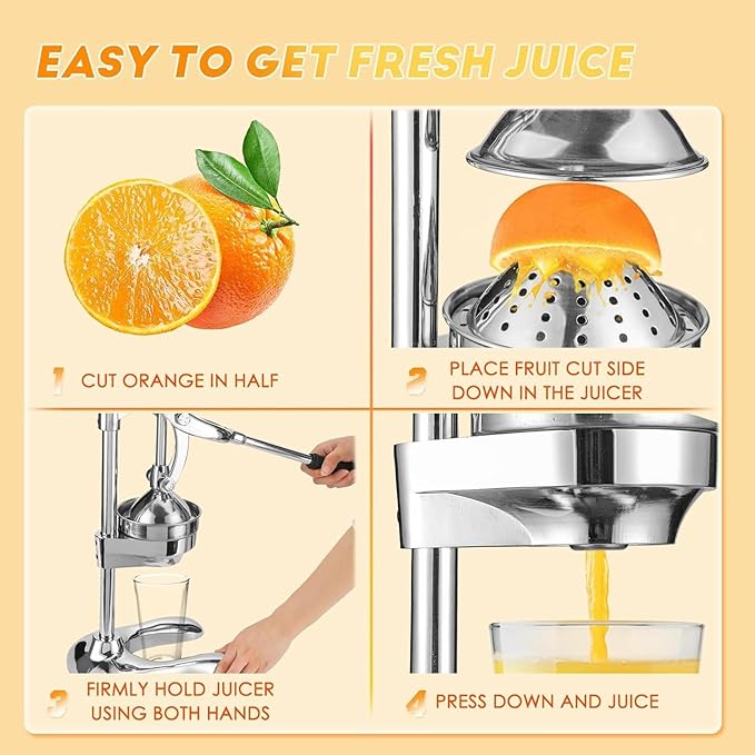 Manual Juicer Hand Press - Heavy Duty Stainless Steel Citrus Juicer Squeezer, Commercial Cold Press for Lemon, Orange, Pomegranate, Professional Metal Fruit Juicer, Easy to Clean