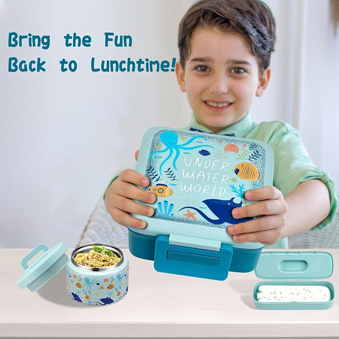 Bento Lunch Box for Kids with 8oz Soup Thermo,Leak-Proof Lunch Containers with 5 Compartment,Thermo Food Jar Food Containers for School (Blue-Octopus)