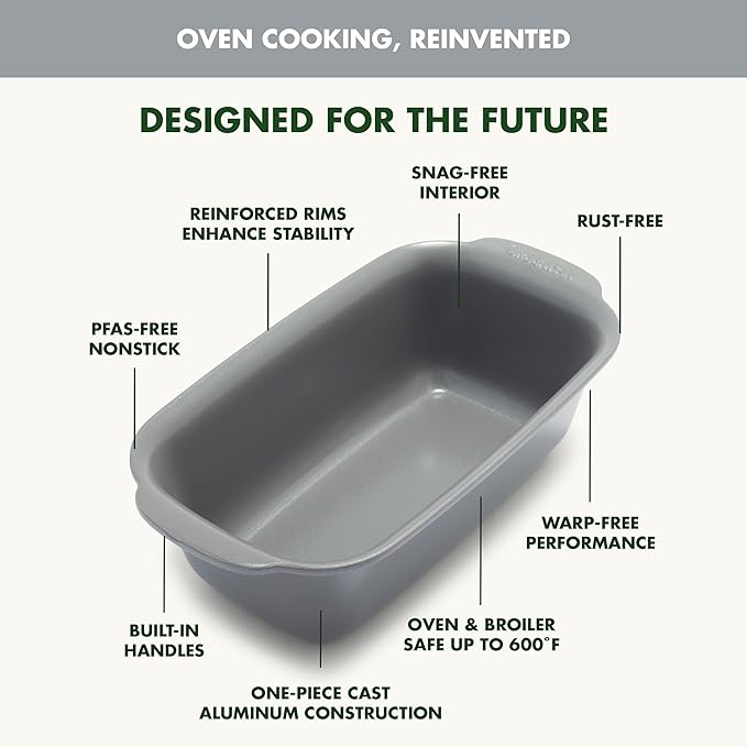 GreenPan Premiere Ovenware Healthy Ceramic Nonstick 1 lb. Loaf Baking Pan, PFAS-Free, Warp-Free Bakeware, Durable Quick Heating, Oven & Broiler Safe to 600F, Dishwasher Safe, Gray
