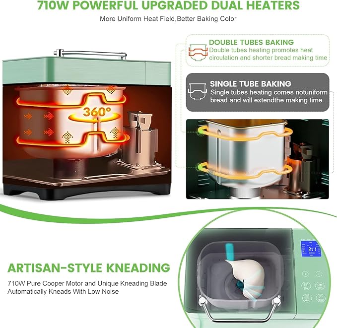 2.2LB Larger Bread Maker Machine with Dual Heaters, 17-in-1 Bread Machine With Die-Cast Ceramic Pan & Auto Fruit Dispenser, Full Stainless Steel Breadmaker, 15H Timer&Keep Warm, Sourdough, Gluten-Free